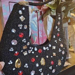 India Boutique Black Beaded Shoulder Bag with Colorful Jewel Embellishments